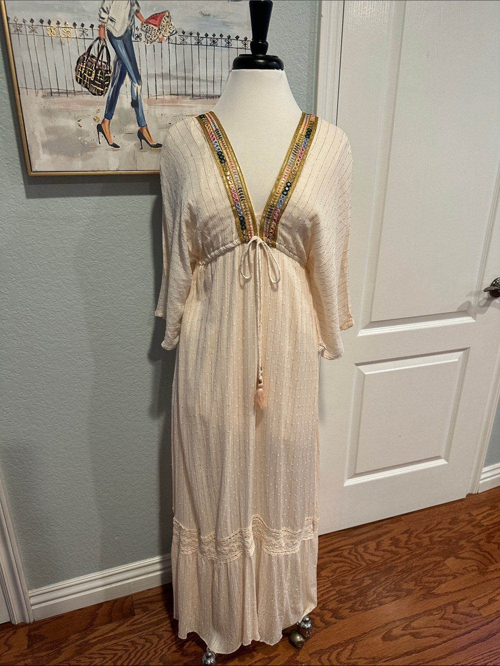 Omango by Lazy Daisy Sz L/XL Cream Boho V-Neck Maxi Dress with Beaded Trim